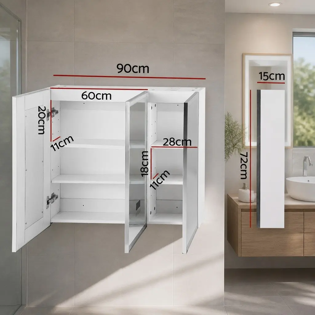 Bathroom Mirror Cabinet White 900x720mm Wall-Mounted LED Light Storage