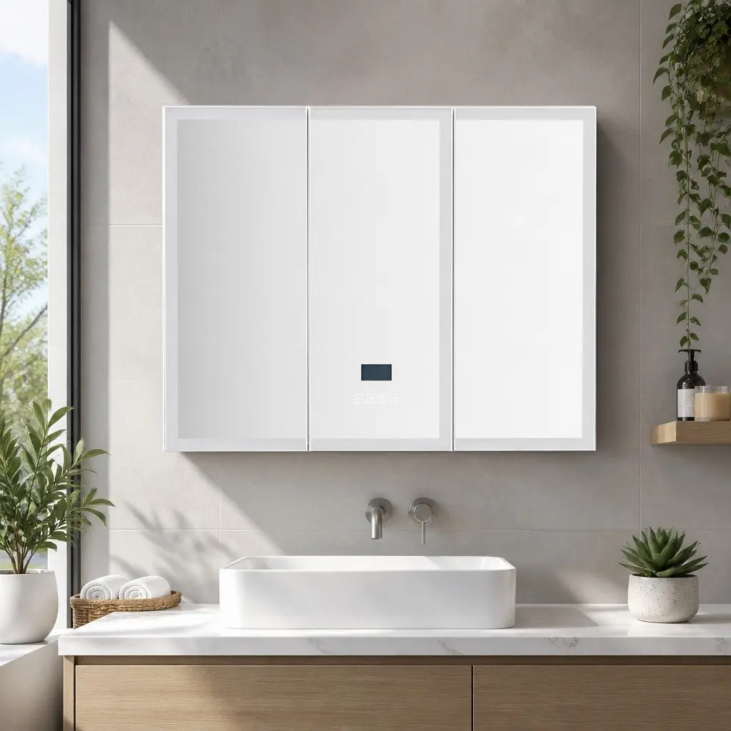 Bathroom Mirror Cabinet White 900x720mm Wall-Mounted LED Light Storage