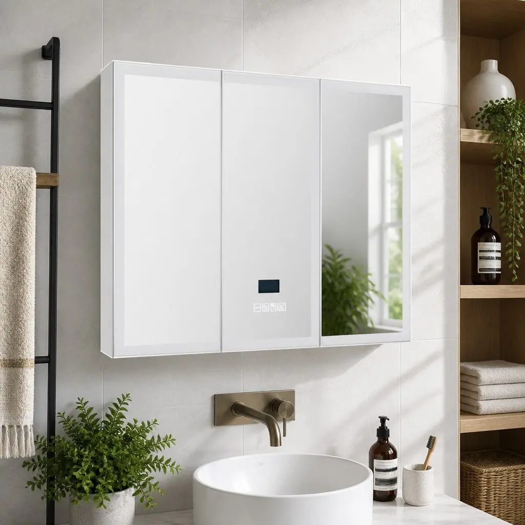 Bathroom Mirror Cabinet White 900x720mm Wall-Mounted LED Light Storage