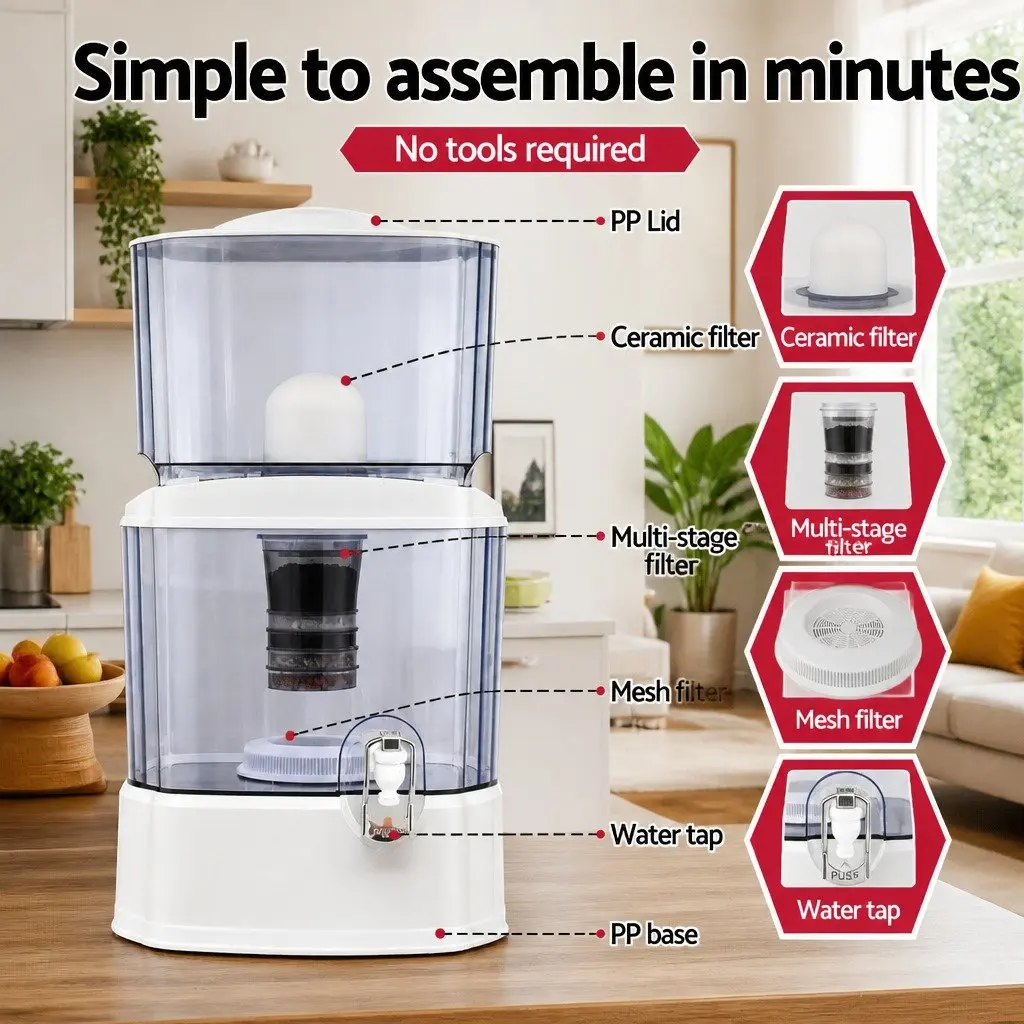 Benchtop Water Filter for Home Camping 24L Gravity Multi-Stage Filtration System