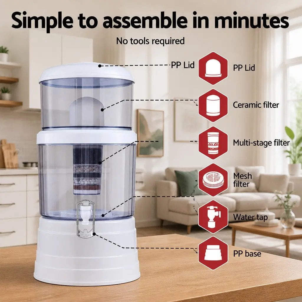Benchtop Water Filter 16L Gravity Multi-Stage Filtration System Home Camping
