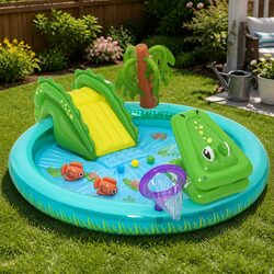 Crocodile-Themed Inflatable Kids Pool - 224cm x 181cm