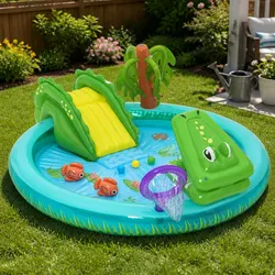 Crocodile-Themed Inflatable Kids Pool - 224cm x 181cm