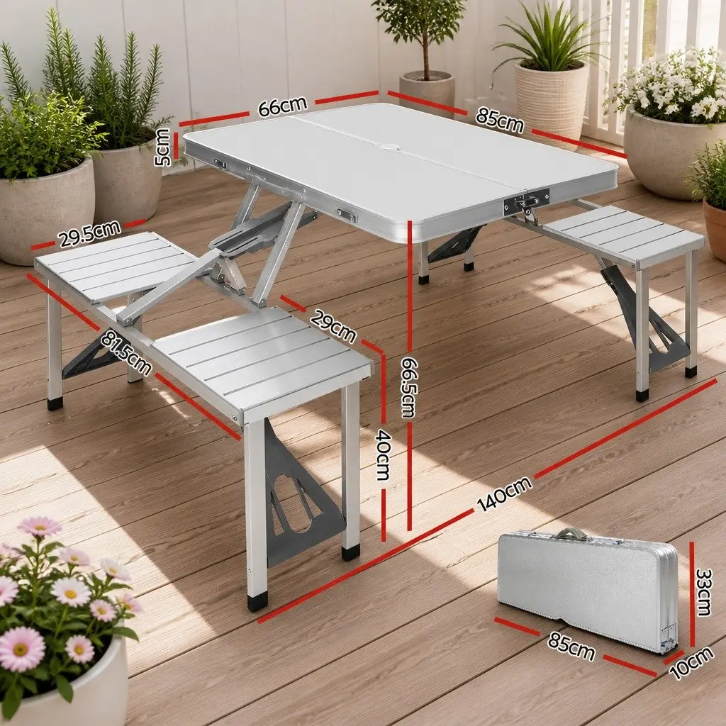 Folding Camping Table Set with 2 Bench Chairs Outdoor Picnic BBQ Table Set