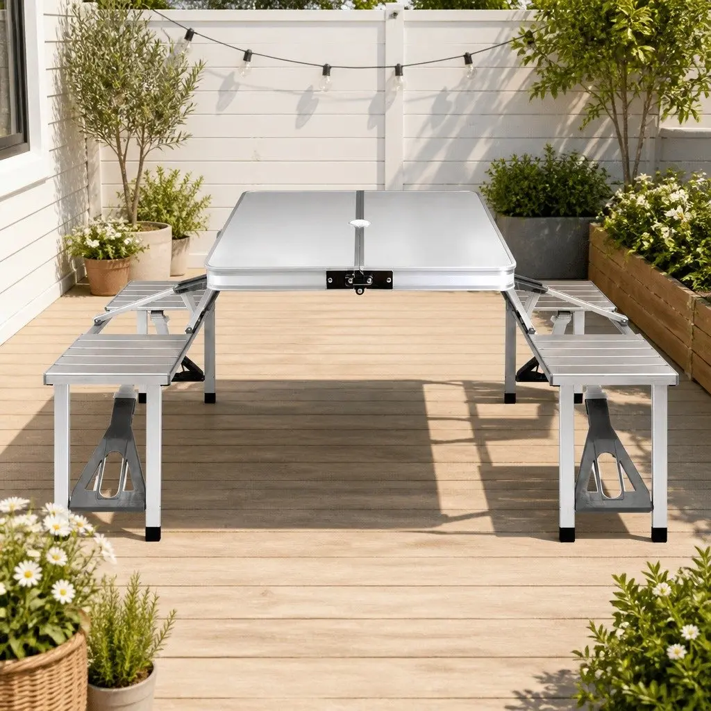 Folding Camping Table Set with 2 Bench Chairs Outdoor Picnic BBQ Table Set