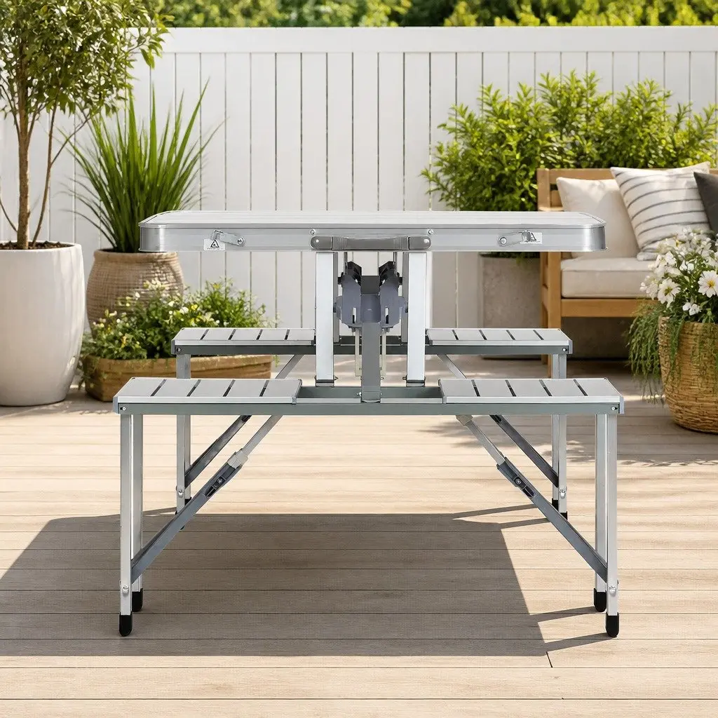 Folding Camping Table Set with 2 Bench Chairs Outdoor Picnic BBQ Table Set