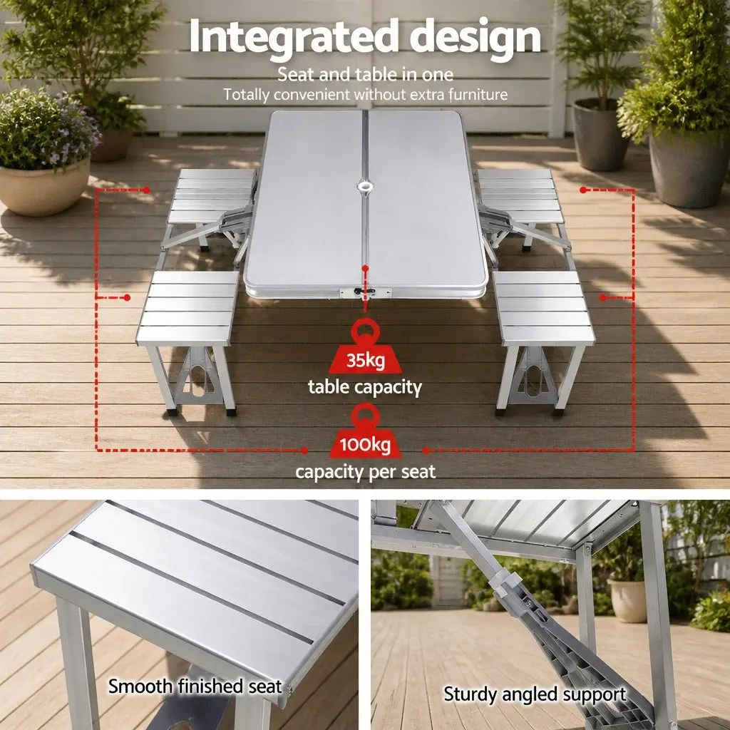 Folding Camping Table Set with 2 Bench Chairs Outdoor Picnic BBQ Table Set