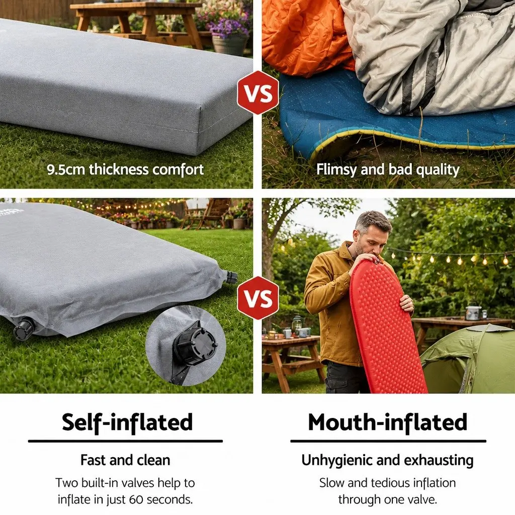 Self Inflating Camping Sleeping Mat Single Grey 187cm Portable Air Bed