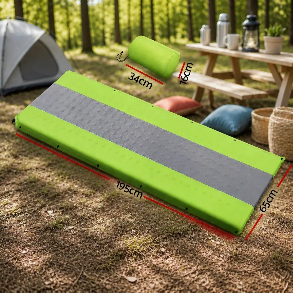 Self Inflating Air Bed Pad Green Single Camping Sleeping Mat 195x65x25cm
