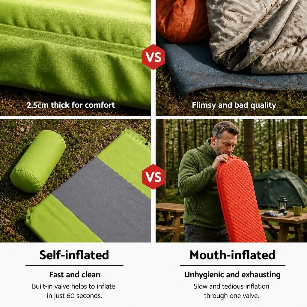 Self Inflating Air Bed Pad Green Single Camping Sleeping Mat 195x65x25cm