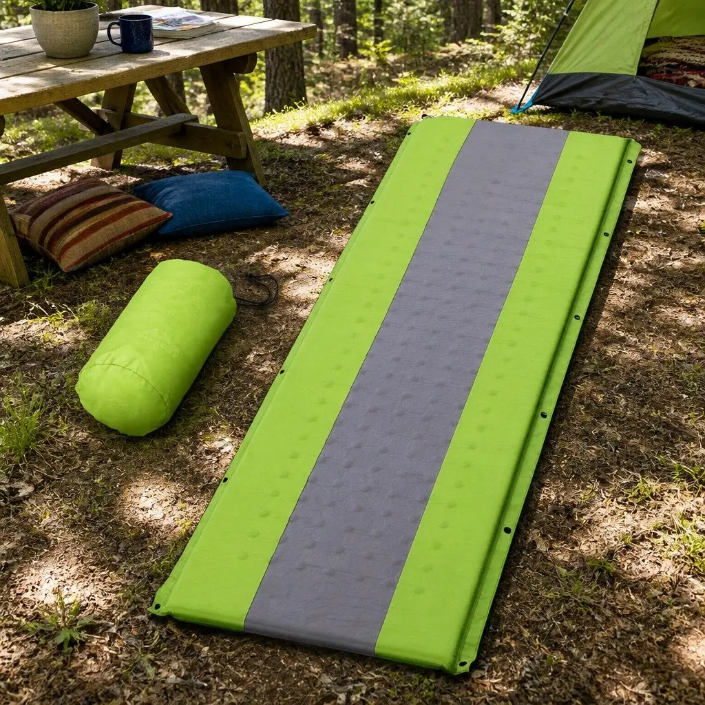 Self Inflating Air Bed Pad Green Single Camping Sleeping Mat 195x65x25cm