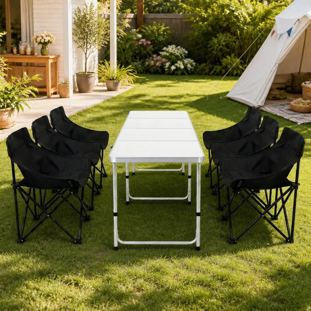 Camping Table Chair Set Outdoor 7 Piece Folding Portable Picnic Furniture Black