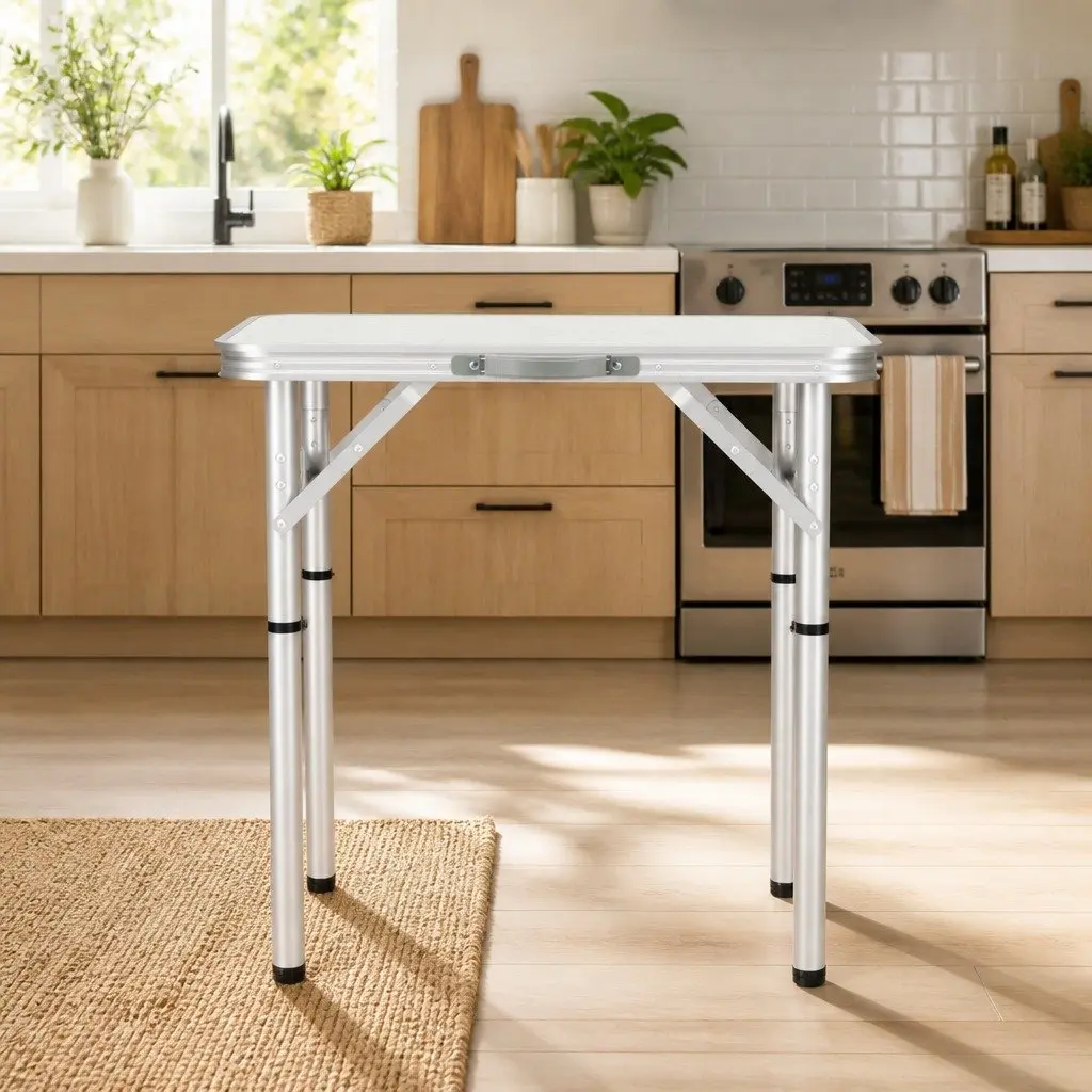 Folding Camping Table 60CM Adjustable Height Portable Outdoor Picnic Desk Silver