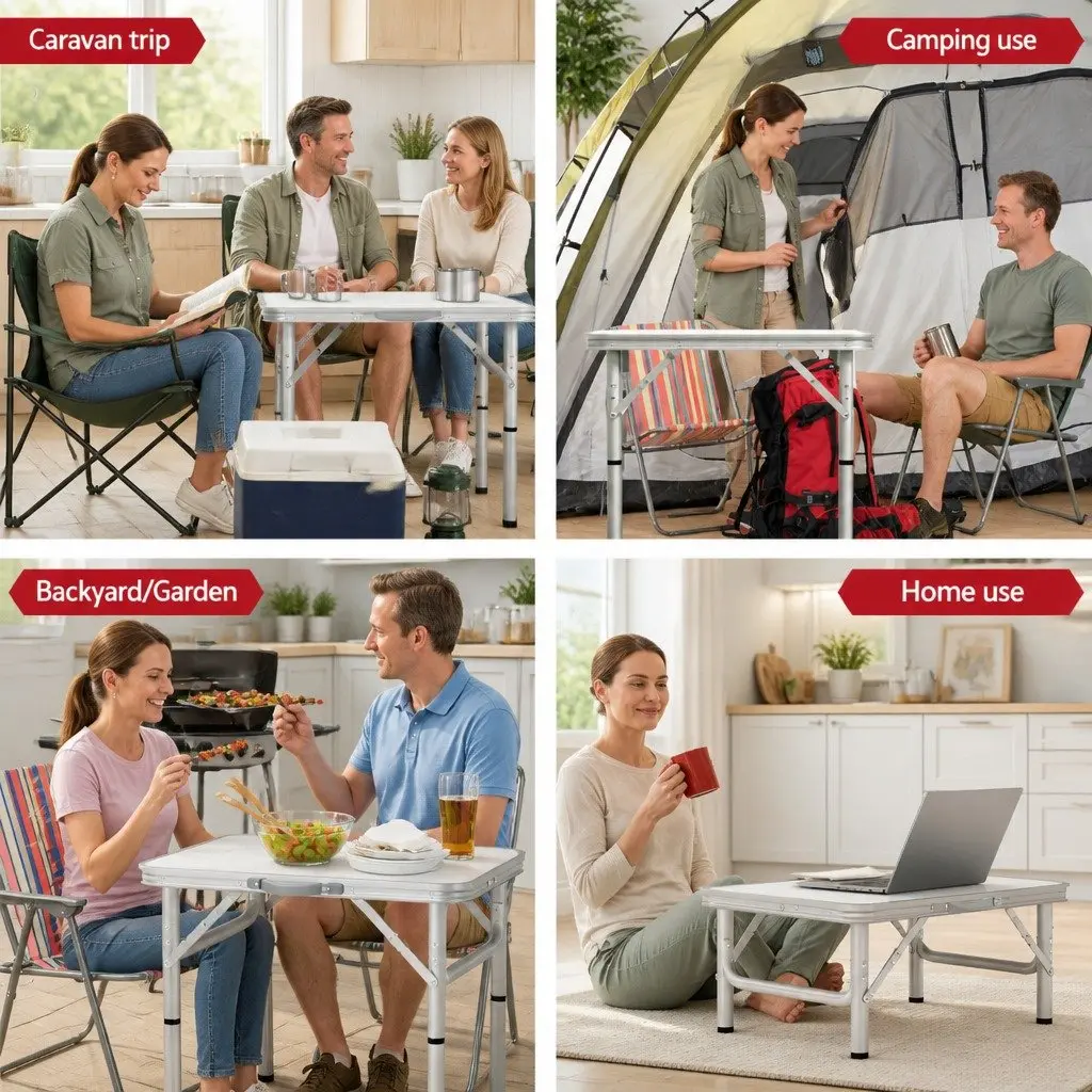 Folding Camping Table 60CM Adjustable Height Portable Outdoor Picnic Desk Silver