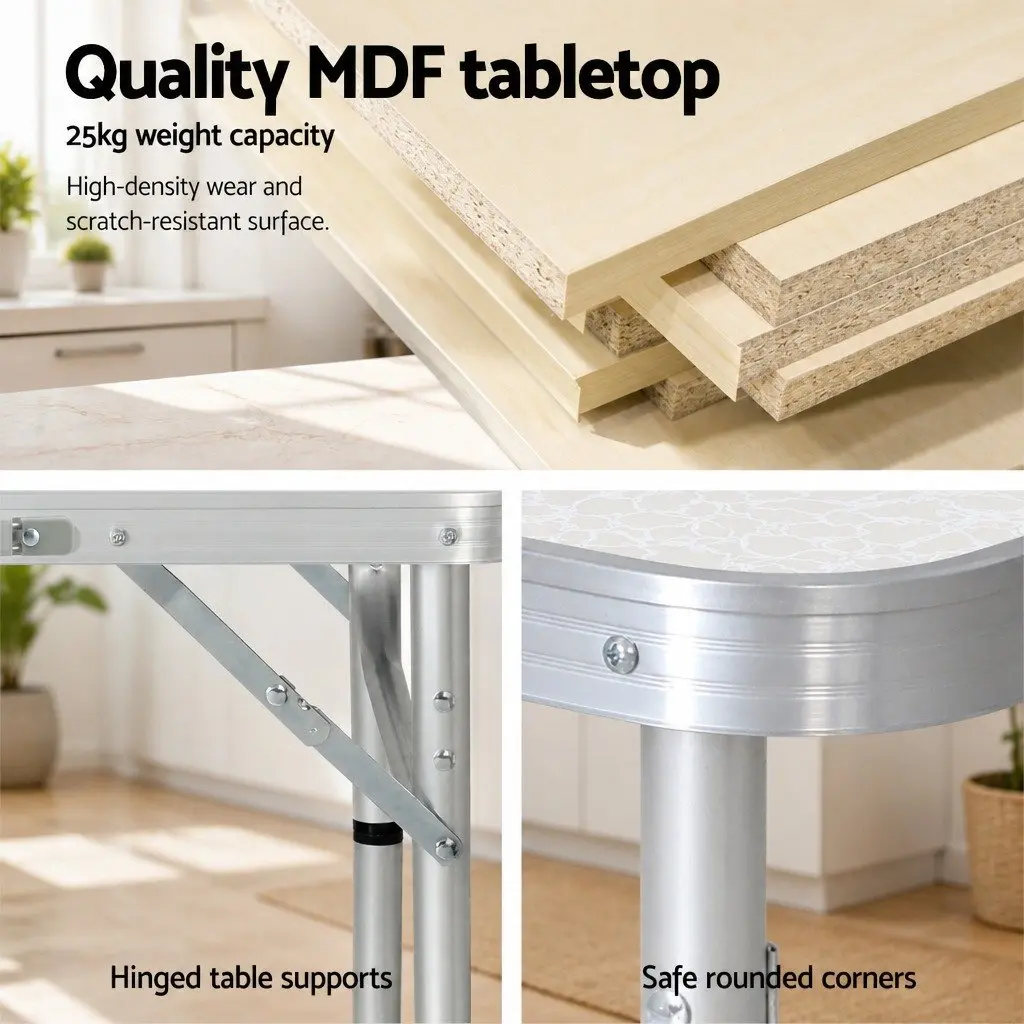 Folding Camping Table 60CM Adjustable Height Portable Outdoor Picnic Desk Silver