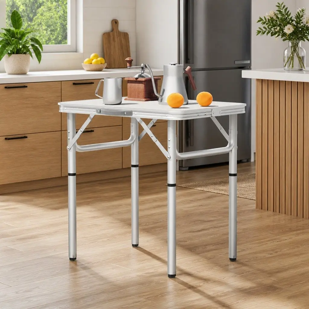 Folding Camping Table 60CM Adjustable Height Portable Outdoor Picnic Desk Silver