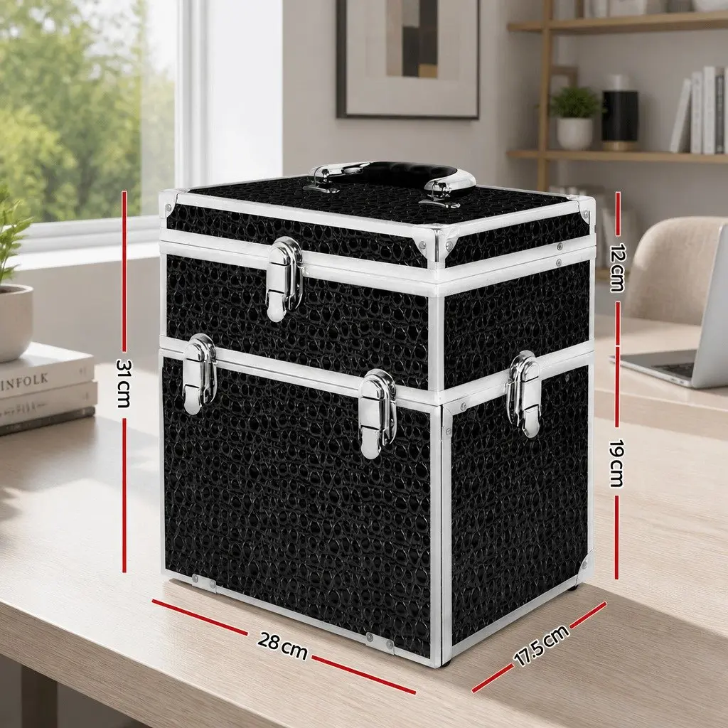 Portable Cosmetic Beauty Makeup Carry Case with Mirror Crocodile Black Storage