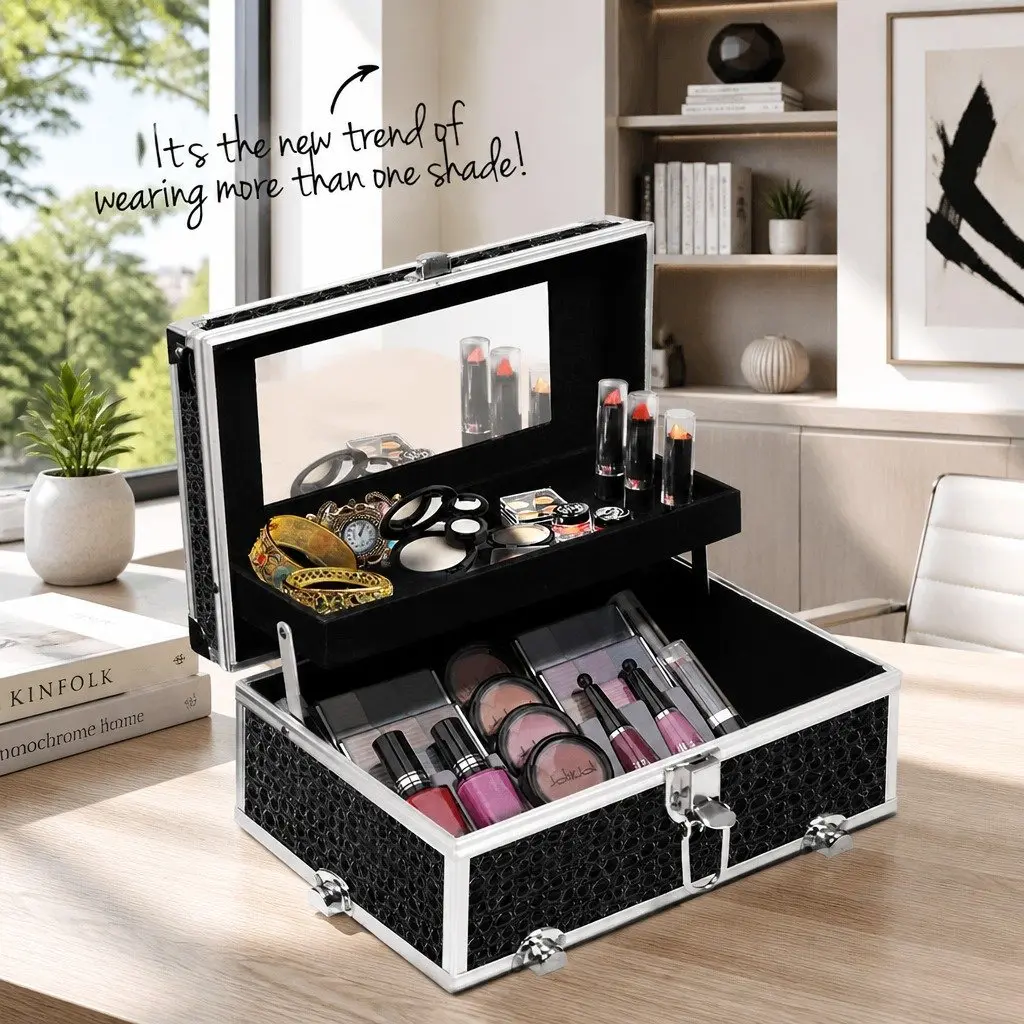 Portable Cosmetic Beauty Makeup Carry Case with Mirror Crocodile Black Storage