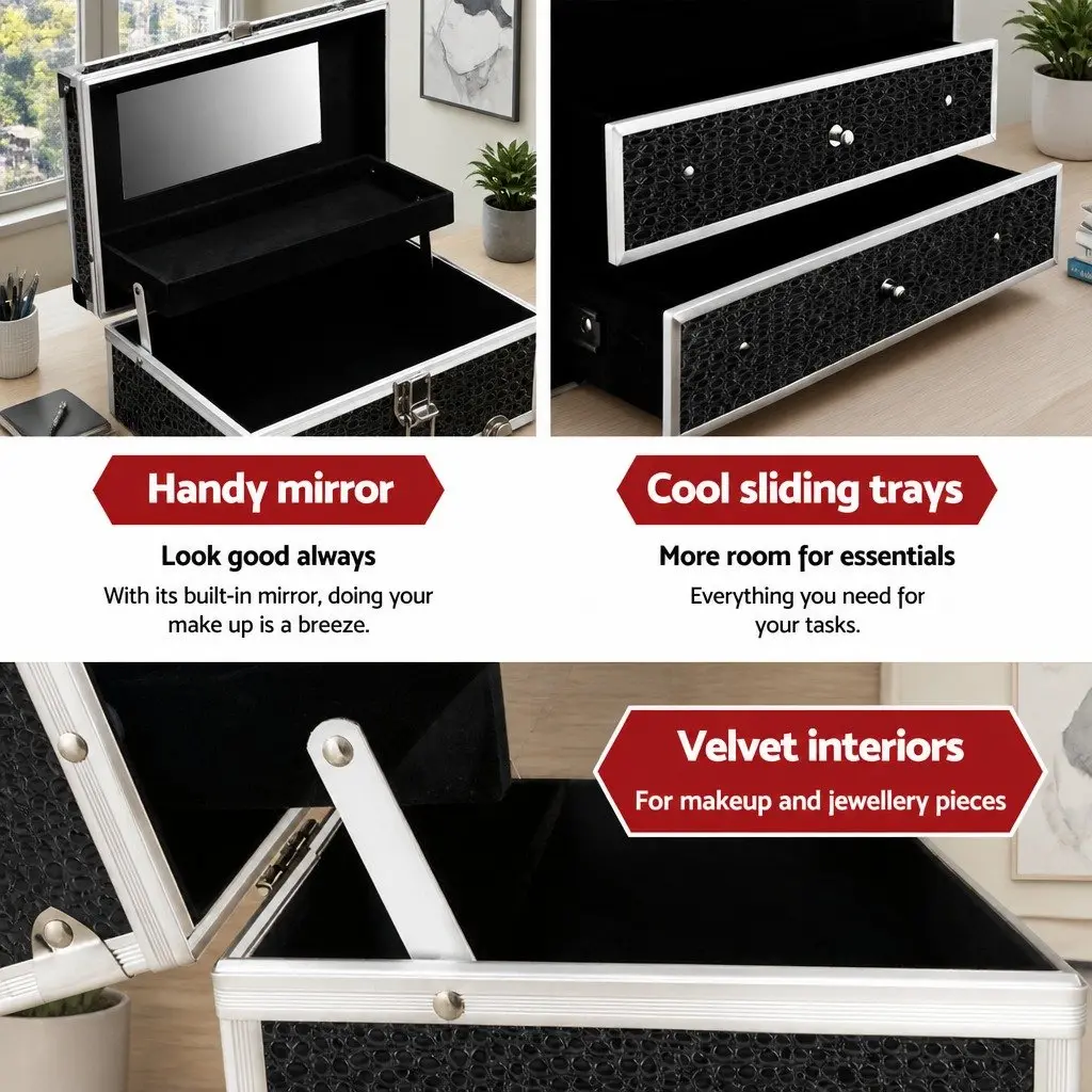 Portable Cosmetic Beauty Makeup Carry Case with Mirror Crocodile Black Storage