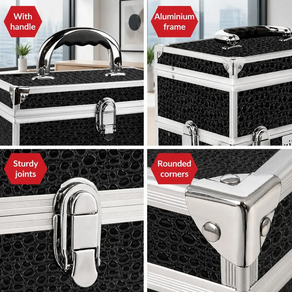 Portable Cosmetic Beauty Makeup Carry Case with Mirror Crocodile Black Storage