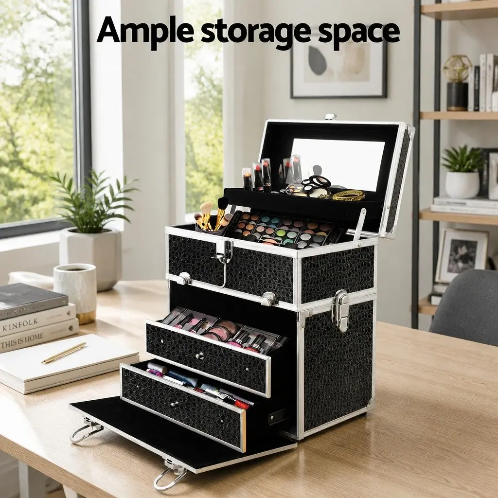 Portable Cosmetic Beauty Makeup Carry Case with Mirror Crocodile Black Storage