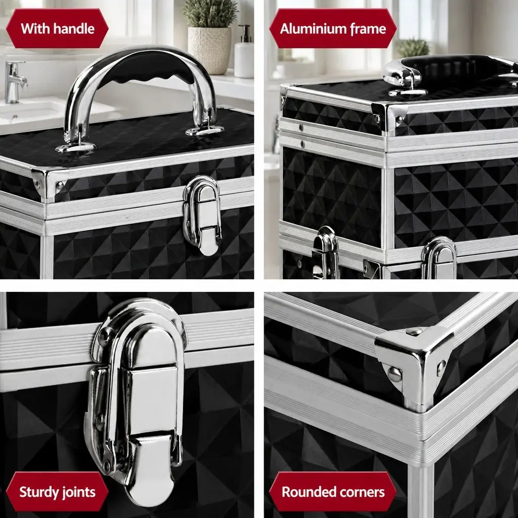 Portable Cosmetic Beauty Makeup Case with Mirror Storage Organizer Diamond Black