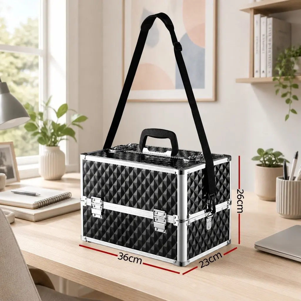 Cosmetic Beauty Makeup Case Storage Organiser Portable Diamond Black 23cm L x 36cm W x 26cm H