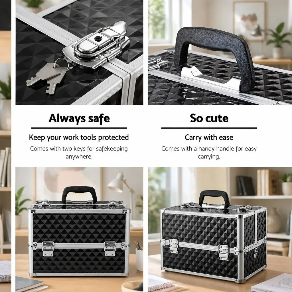 Cosmetic Beauty Makeup Case Storage Organiser Portable Diamond Black 23cm L x 36cm W x 26cm H