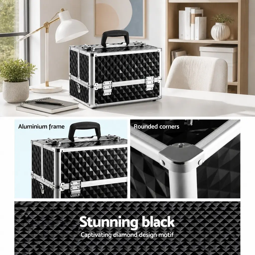 Cosmetic Beauty Makeup Case Storage Organiser Portable Diamond Black 23cm L x 36cm W x 26cm H