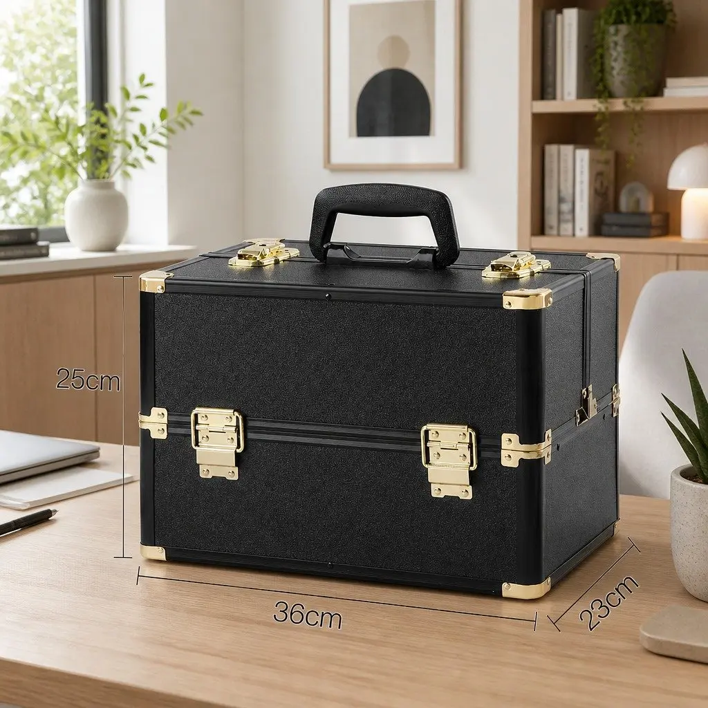 Portable Cosmetic Beauty Makeup Case Black Gold Diamond Professional Storage