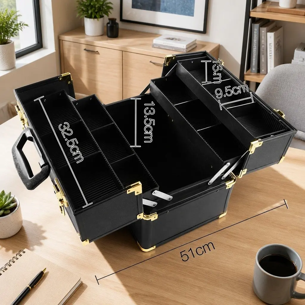Portable Cosmetic Beauty Makeup Case Black Gold Diamond Professional Storage