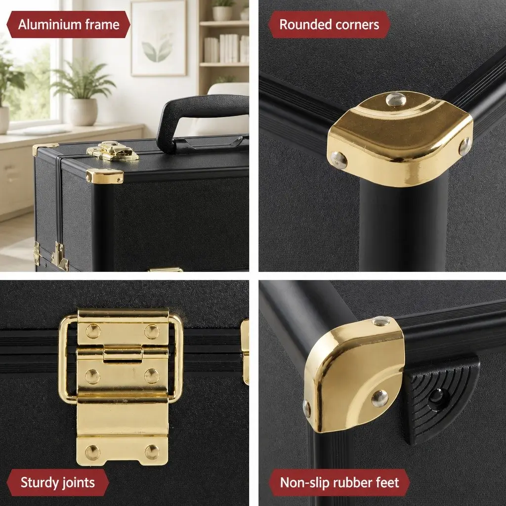 Portable Cosmetic Beauty Makeup Case Black Gold Diamond Professional Storage