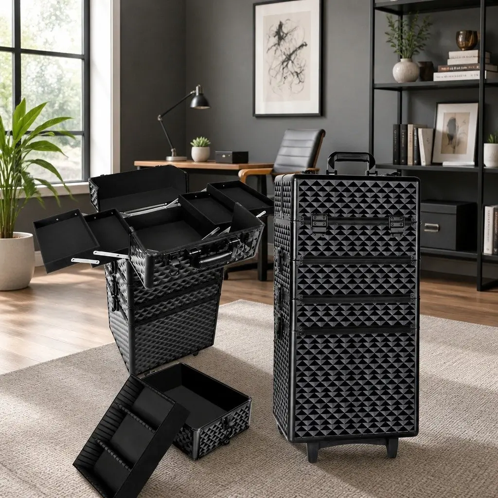 Makeup Case Beauty Trolley Cosmetic Organiser 4 Layers Travel Wheels Diamond