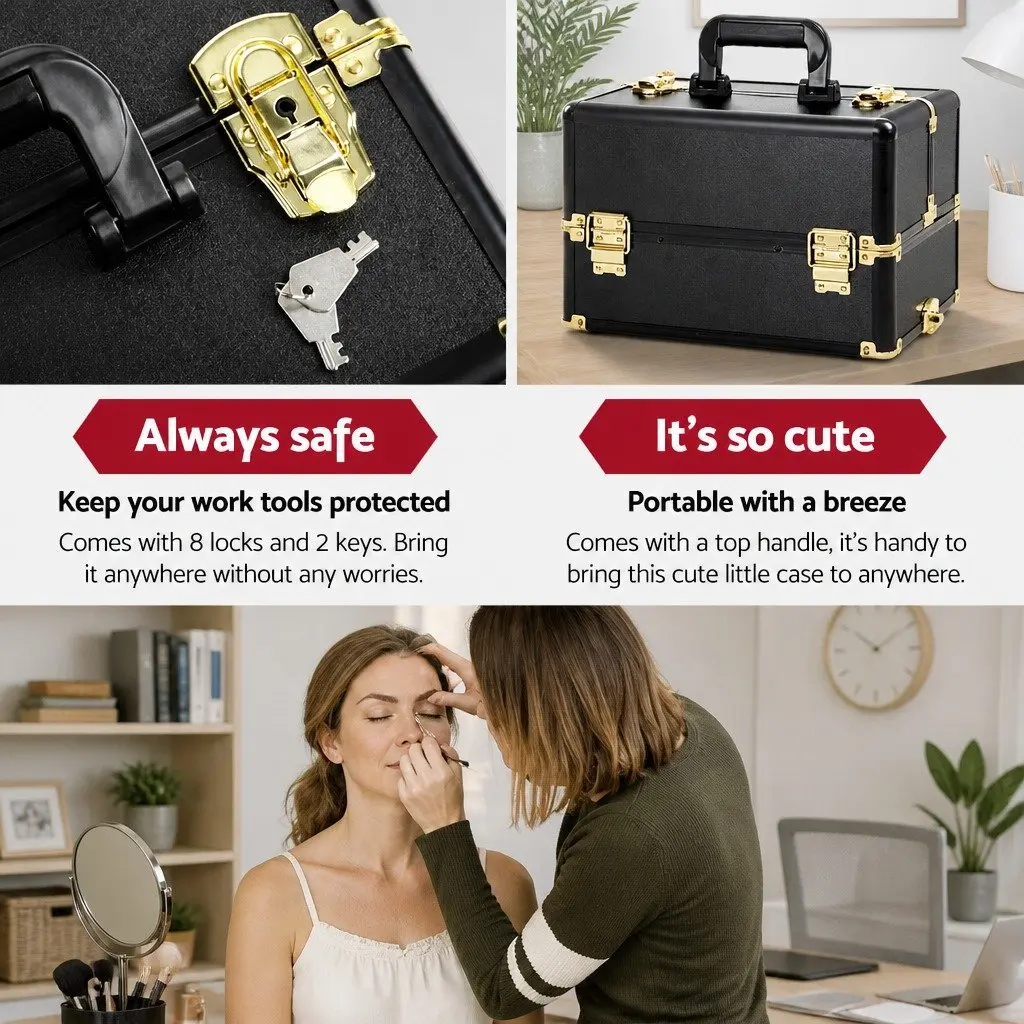 Makeup Case Beauty Trolley Cosmetic Organiser Box Travel Wheels Gold Black