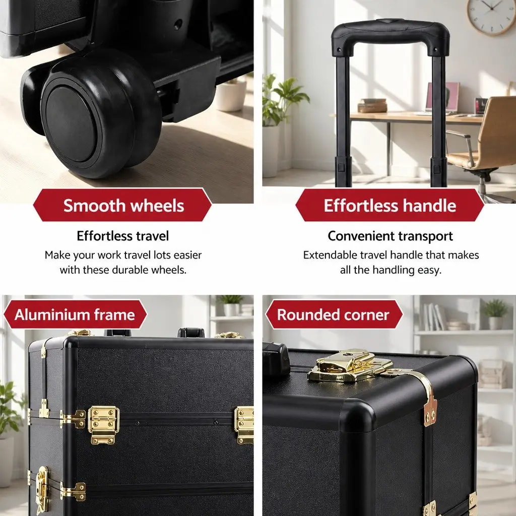 Makeup Case Beauty Trolley Cosmetic Organiser Box Travel Wheels Gold Black