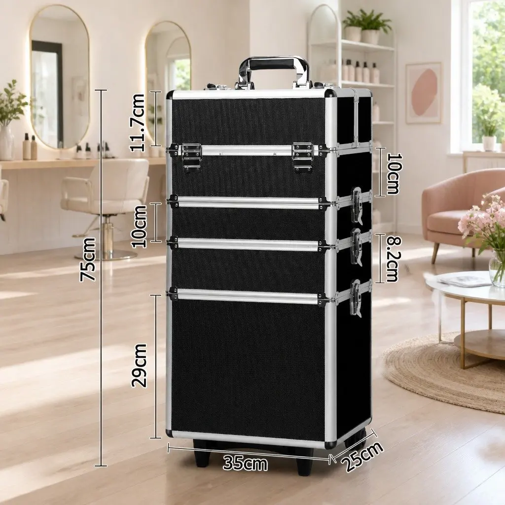 Makeup Case Beauty Trolley Cosmetic Organiser Box Travel Wheels Black 7 in 1