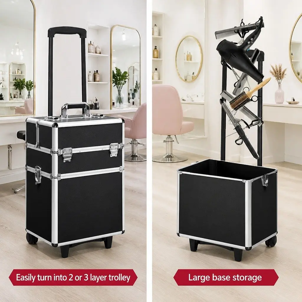 Makeup Case Beauty Trolley Cosmetic Organiser Box Travel Wheels Black 7 in 1