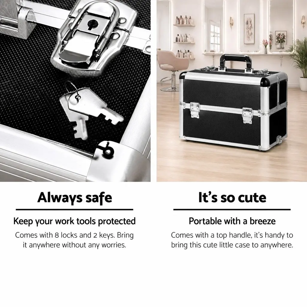 Makeup Case Beauty Trolley Cosmetic Organiser Box Travel Wheels Black 7 in 1