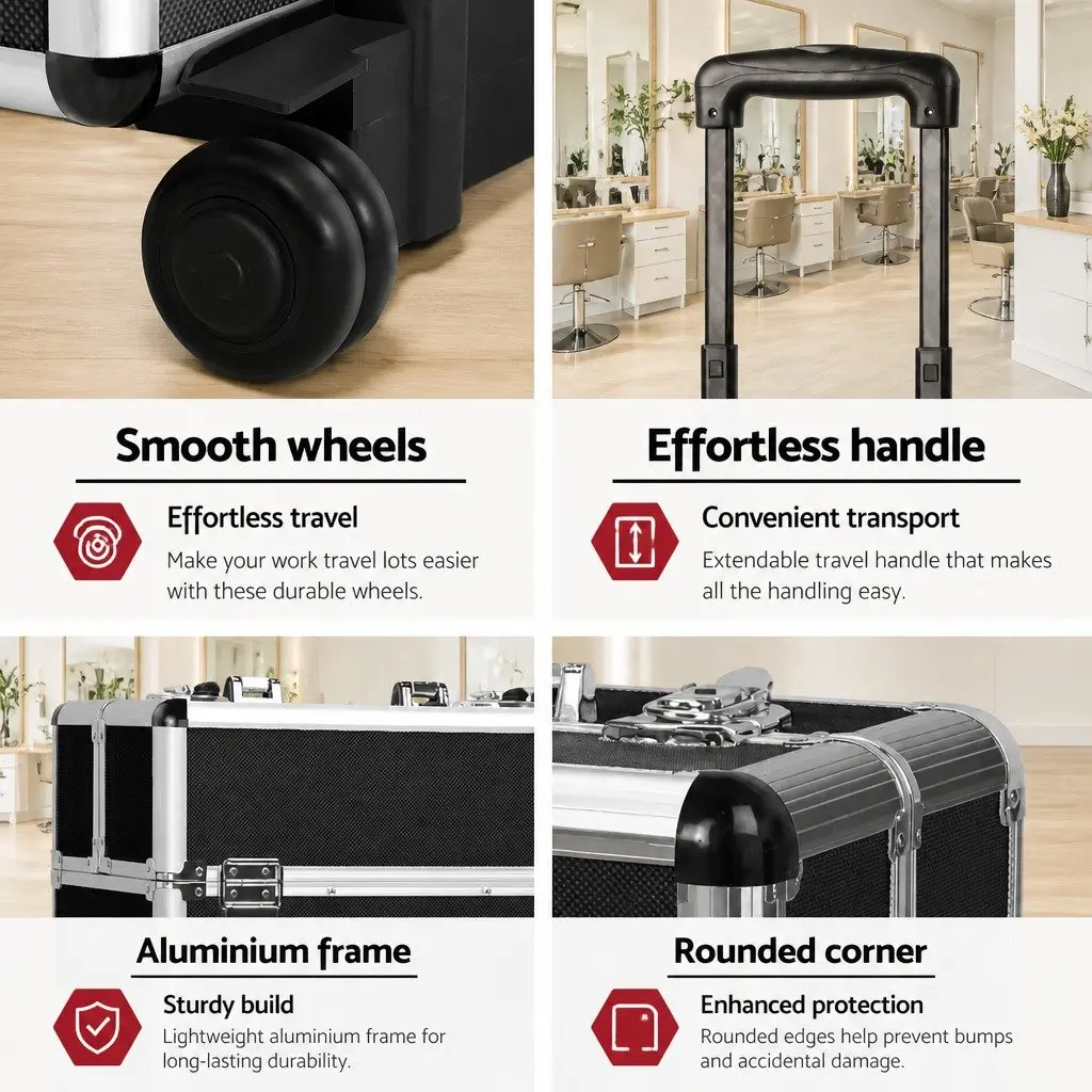 Makeup Case Beauty Trolley Cosmetic Organiser Box Travel Wheels Black 7 in 1