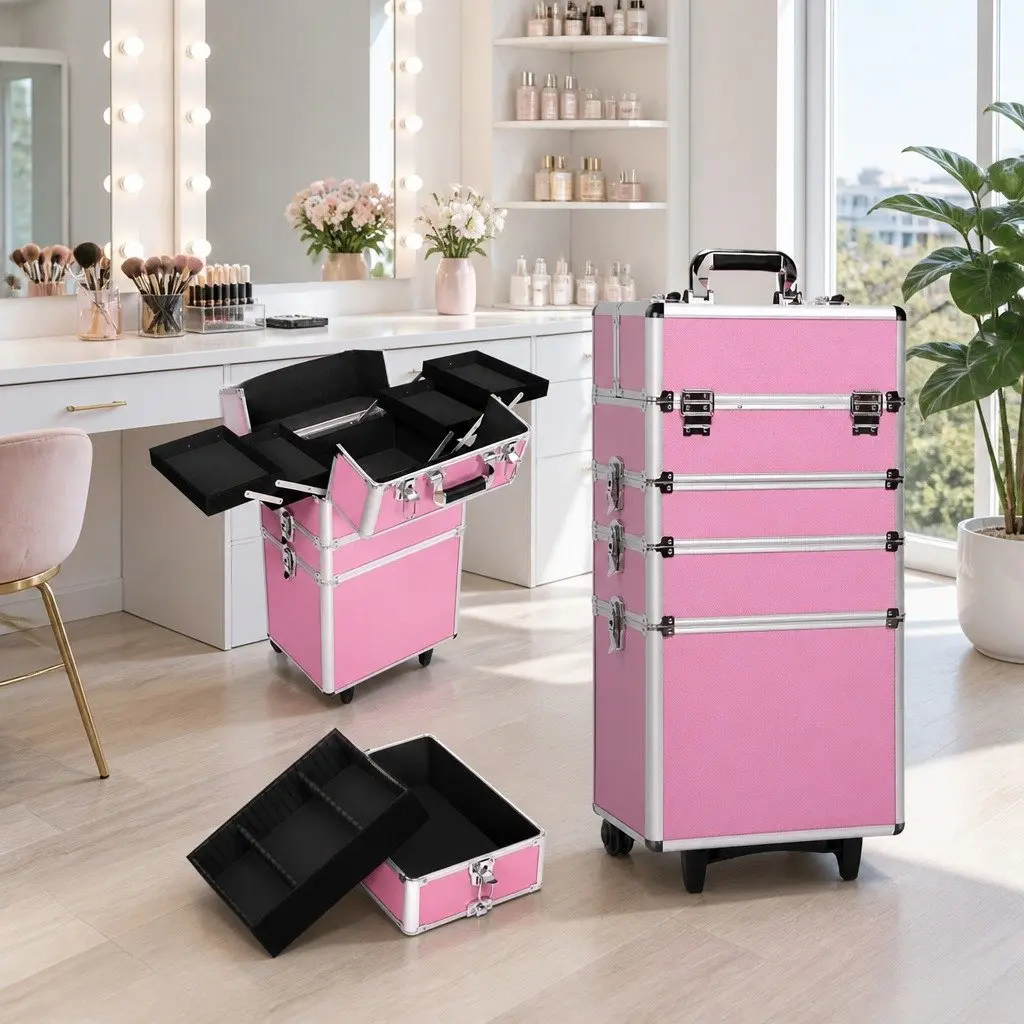 Makeup Case Beauty Trolley 7-in-1 Cosmetic Organiser Box Travel Wheels Pink