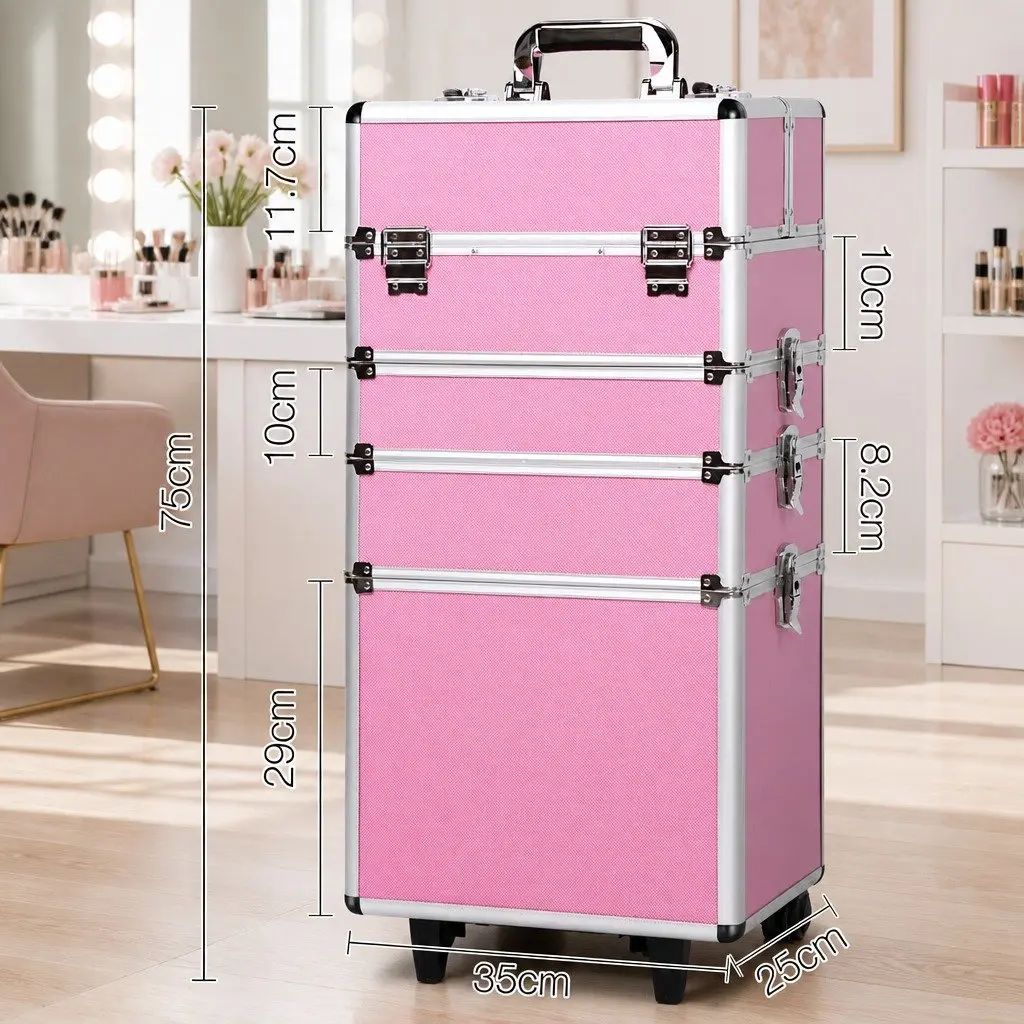 Makeup Case Beauty Trolley 7-in-1 Cosmetic Organiser Box Travel Wheels Pink