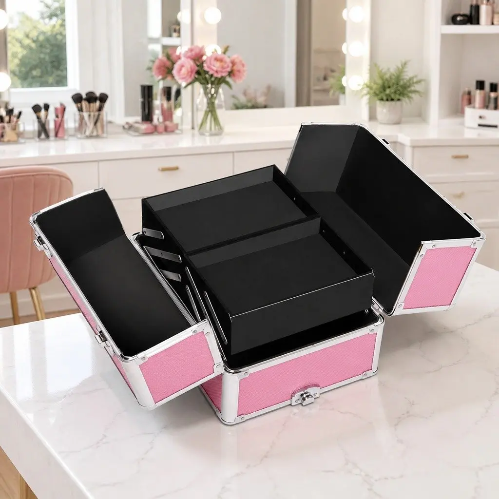 Makeup Case Beauty Trolley 7-in-1 Cosmetic Organiser Box Travel Wheels Pink