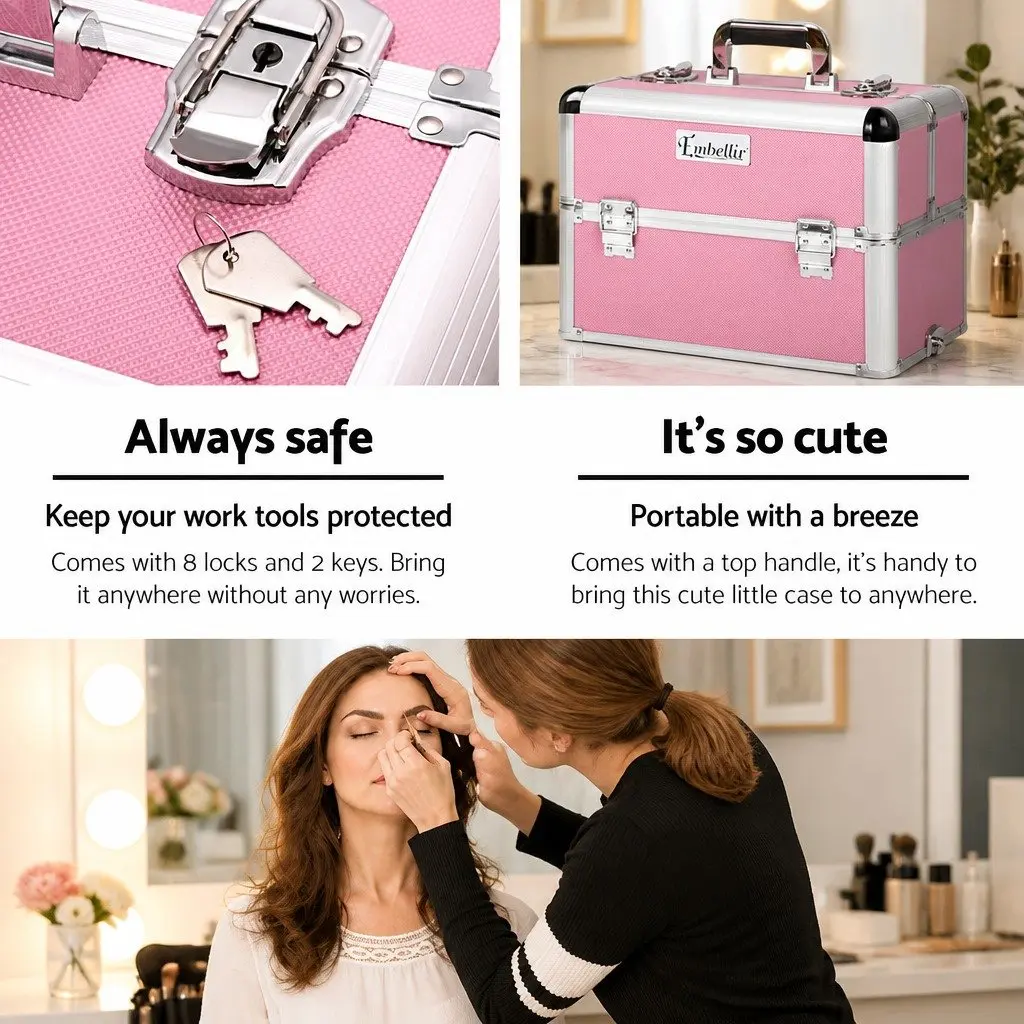 Makeup Case Beauty Trolley 7-in-1 Cosmetic Organiser Box Travel Wheels Pink