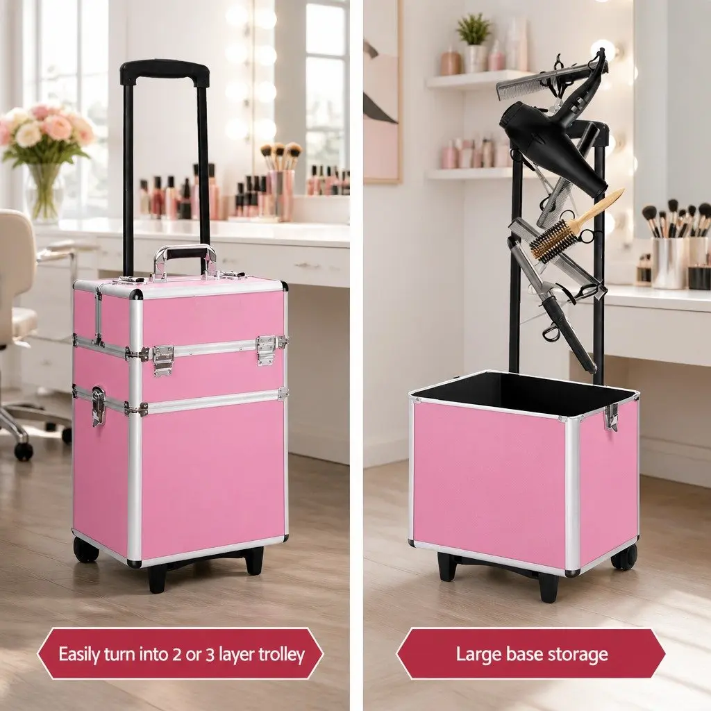 Makeup Case Beauty Trolley 7-in-1 Cosmetic Organiser Box Travel Wheels Pink