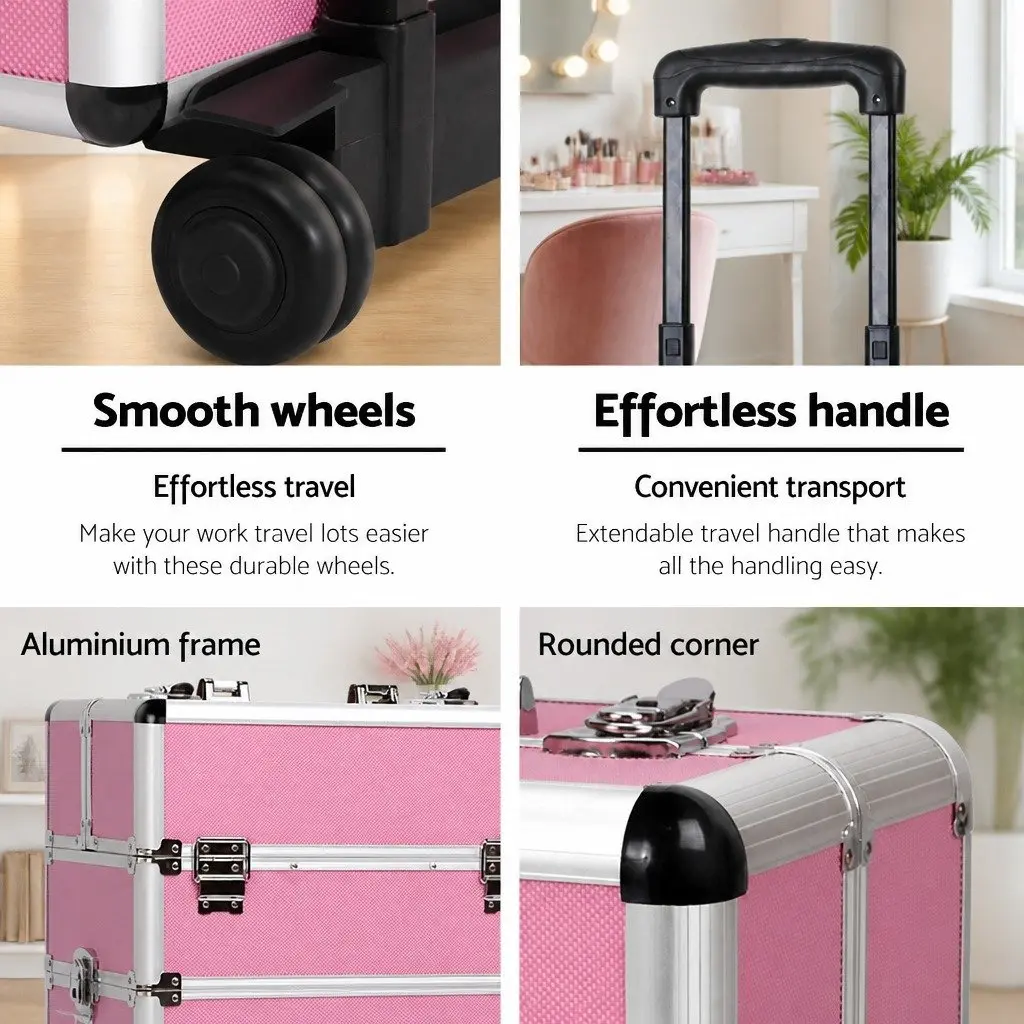 Makeup Case Beauty Trolley 7-in-1 Cosmetic Organiser Box Travel Wheels Pink