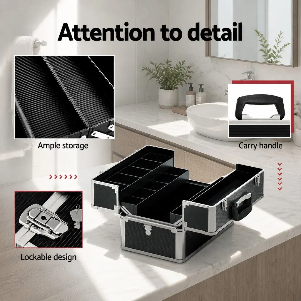 Portable Cosmetic Makeup Case for Beauty Storage Black 23 x 36 x 27 cm