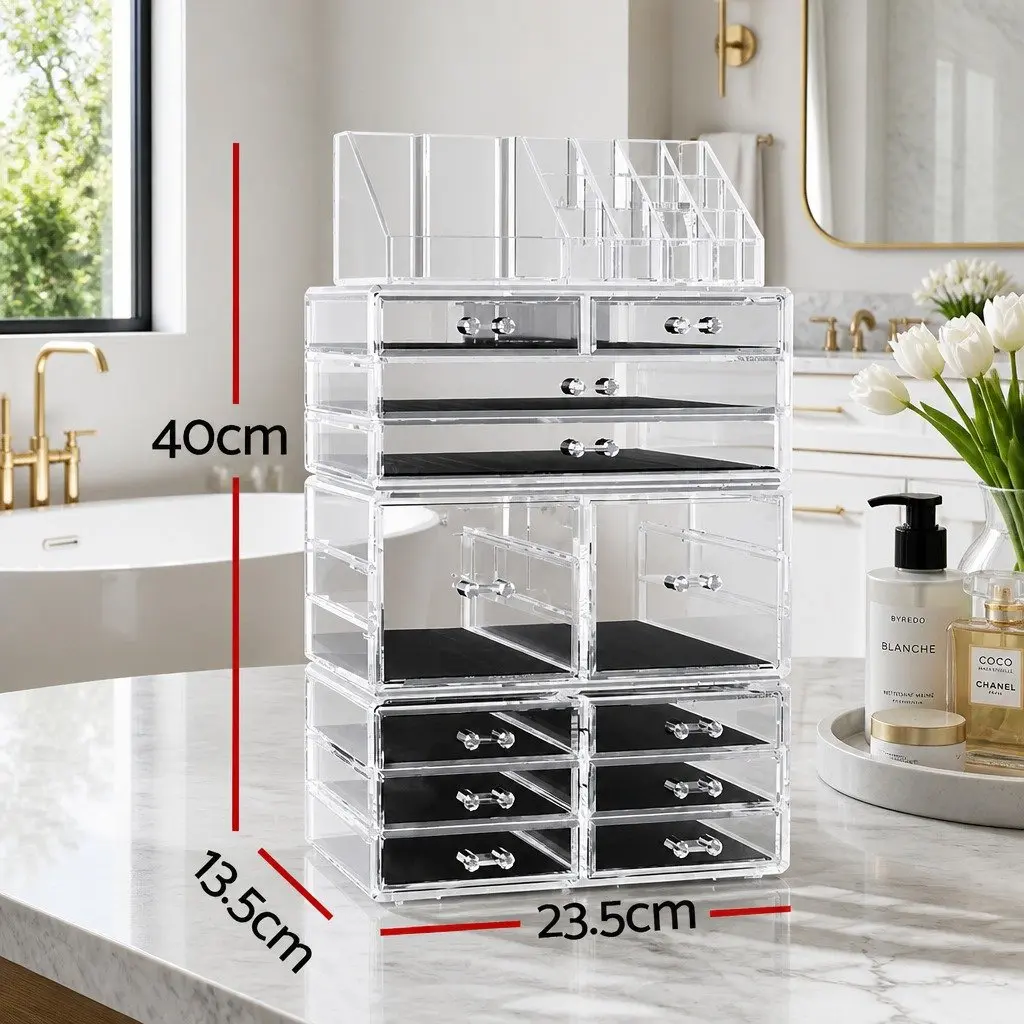 Acrylic Makeup Organizer for Cosmetics and Accessories with 12 Clear Drawers