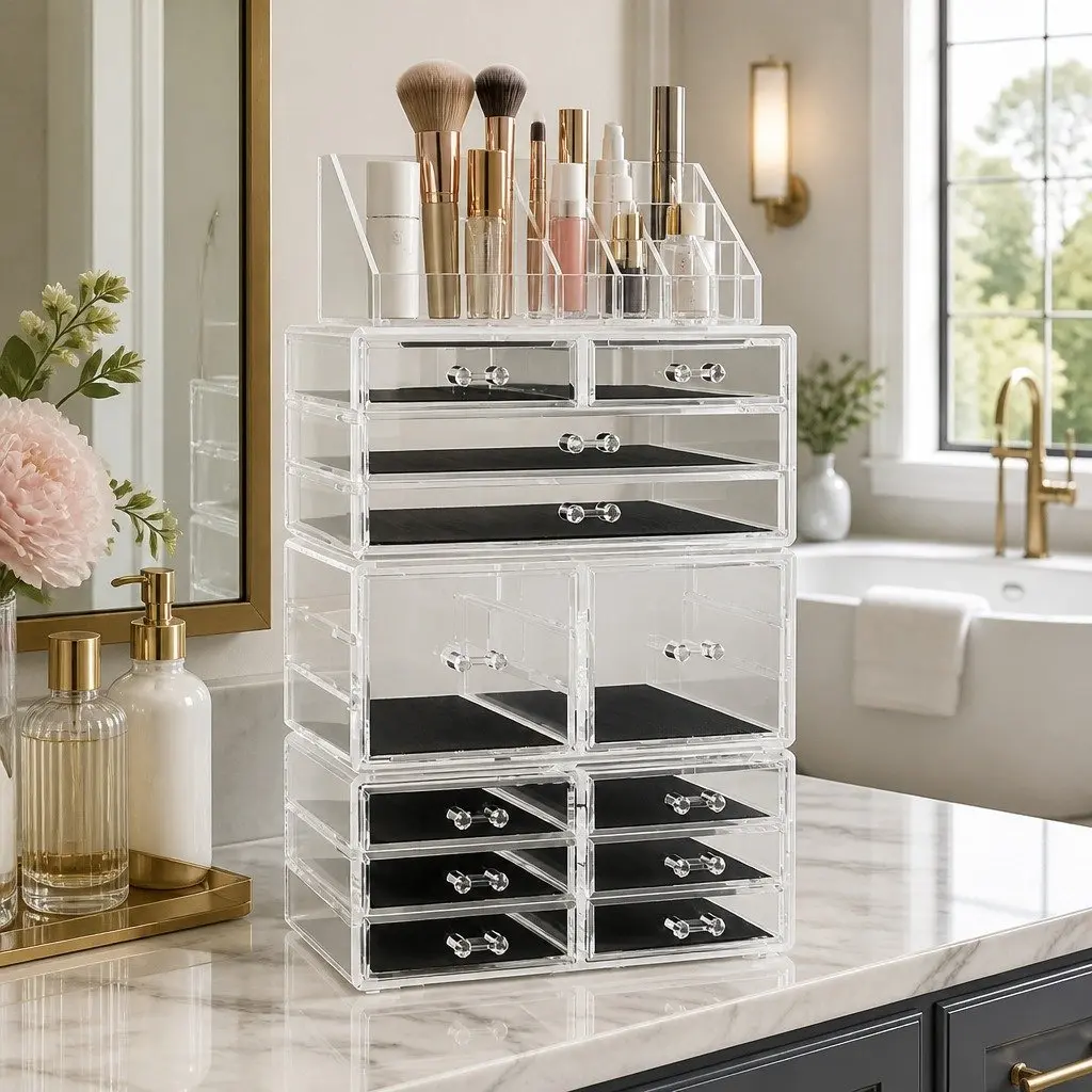 Acrylic Makeup Organizer for Cosmetics and Accessories with 12 Clear Drawers