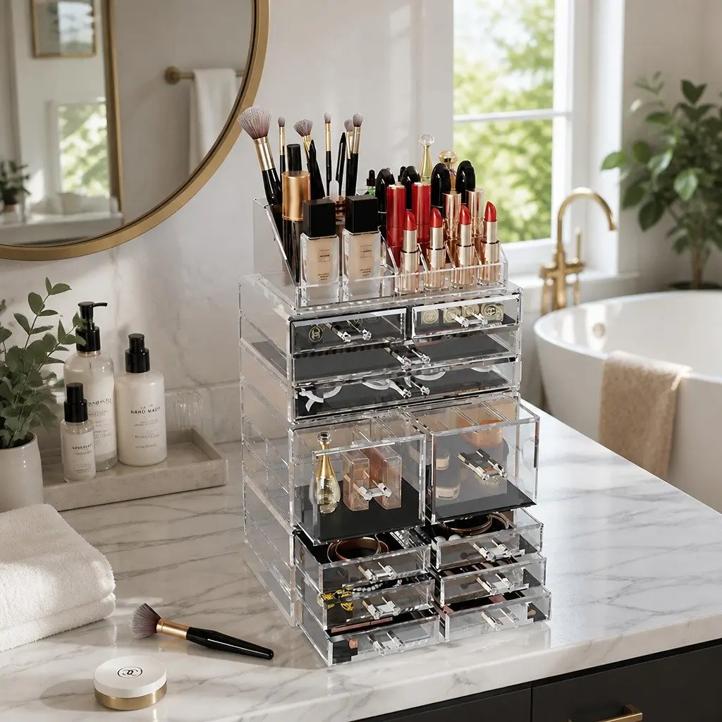 Acrylic Makeup Organizer for Cosmetics and Accessories with 12 Clear Drawers