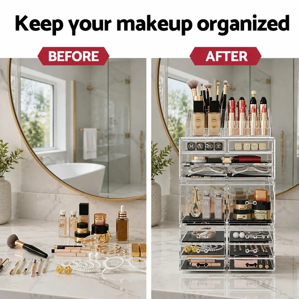 Acrylic Makeup Organizer for Cosmetics and Accessories with 12 Clear Drawers